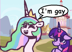 Size: 458x329 | Tagged: safe, artist:rosa ushiromiya, princess celestia, twilight sparkle, alicorn, pony, g4, digital art, duo, duo female, female, implied lesbian, implied shipping, implied twilestia, lesbian, mare, outdoors, ponyville, ponyville town hall, speech bubble