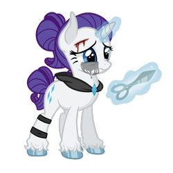 Size: 1440x1440 | Tagged: safe, artist:6hellboy9, rarity, pony, unicorn, g4, blood, crying, female, horn, infection au, magic, mare, redesign, sad, scissors, simple background, solo, transparent background