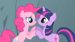 Size: 1920x1080 | Tagged: safe, screencap, pinkie pie, twilight sparkle, earth pony, pony, unicorn, feeling pinkie keen, g4, my little pony: friendship is magic, season 1, duo, duo female, female, horn, mare, touching hooves, unicorn twilight