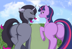Size: 2900x2000 | Tagged: safe, artist:anix_space, derpibooru exclusive, oleander (tfh), twilight sparkle, pony, unicorn, them's fightin' herds, g4, butt, community related, crossover, dock, duo, female, frown, horn, mare, oleanderriere, outdoors, plot, road, sky, tail, tongue out, twibutt
