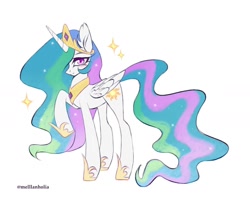 Size: 1280x1050 | Tagged: safe, artist:mellanholia, princess celestia, alicorn, pony, g4, female, hair over one eye, looking at you, mare, raised hoof, solo, sparkles