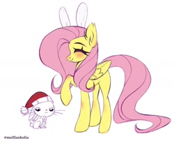 Size: 1280x1050 | Tagged: safe, artist:mellanholia, angel bunny, fluttershy, pegasus, pony, rabbit, g4, angel bunny is not amused, animal, blushing, bunny ears, christmas, ear fluff, hat, holiday, raised hoof, santa hat, simple background, smiling, unamused, white background