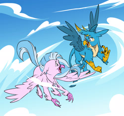 Size: 2048x1907 | Tagged: safe, artist:chub-wub, gallus, silverstream, classical hippogriff, griffon, hippogriff, g4, alternate design, beak, blue eyes, blue feathers, blue fur, blue sky, blue tail, blue wings, body fluff, claws, cloud, colored belly, colored claws, colored eyebrows, colored hooves, colored wings, day, duo, duo male and female, ear fluff, eye markings, feathered wings, female, flying, gradient background, hooves, jewelry, leg fluff, leonine tail, looking at each other, looking at someone, male, necklace, open beak, open mouth, open smile, outdoors, pale belly, paws, pink feathers, profile, purple eyes, requested art, sharp teeth, sky background, smiling, smiling at each other, spread wings, tail, tail fluff, teenager, teeth, three quarter view, toothed beak, turned head, two toned hair, two toned tail, wings