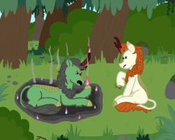 Size: 2000x1600 | Tagged: safe, artist:deej, autumn blaze, oc, oc:anon, oc:anon kirin, oc:anon stallion, kirin, g4, autumn blaze's puppet, cloven hooves, confused, fire, outdoors, panic, panicking, sitting, smoke