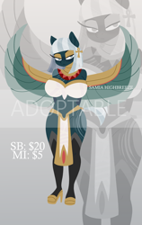 Size: 2500x3952 | Tagged: safe, artist:bearmation, oc, oc only, oc:samia highbreeze, pegasus, anthro, plantigrade anthro, adoptable, ankh, arm behind back, big breasts, breasts, busty oc, ear piercing, earring, egyptian, egyptian pony, eyeshadow, female, high heels, high res, huge breasts, jewelry, lidded eyes, loincloth, looking at you, makeup, mare, midriff, obtrusive watermark, piercing, shoes, solo, watermark, zoom layer