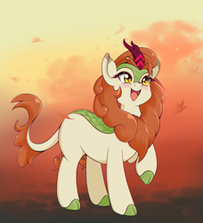 Size: 2411x2641 | Tagged: safe, artist:ravenirik, autumn blaze, kirin, pony, g4, autumn, awwtumn blaze, cloven hooves, cute, falling leaves, female, leaves, mare, open mouth, outdoors, smiling, solo