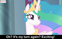 Size: 1920x1206 | Tagged: safe, edit, edited screencap, screencap, princess celestia, alicorn, pony, comic:celestia's servant interview, g4, horse play, my little pony: friendship is magic, season 8, caption, cs captions, female, image macro, interview, jewelry, lip bite, mare, regalia, solo, text