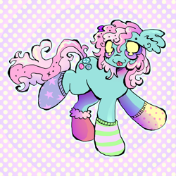 Size: 2048x2048 | Tagged: safe, artist:larvaecandy, minty, earth pony, pony, g3, my little pony: a very minty christmas, :3, beanbrows, big eyes, clothes, colored sclera, curly eyelashes, ear fluff, eye clipping through hair, eyebrows, eyelashes, female, floppy ears, green coat, long mane, long tail, mare, mint coat, mismatched socks, no catchlights, no pupils, outline, patterned background, pink mane, pink tail, polka dot background, purple eyes, purple sclera, raised hoof, raised leg, shaggy mane, socks, solo, sparkles, sparkly mane, sparkly tail, standing on two hooves, tail, that pony sure does love socks, three quarter view, tongue out, turned head, wingding eyes, yellow eyes