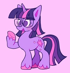 Size: 1968x2048 | Tagged: safe, artist:alexbeeza, twilight sparkle, pony, unicorn, g4, alternate design, bangs, big eyes, blushing, colored, colored hooves, colored pinnae, cute, eyelashes, female, flat colors, glasses, hooves, horn, mare, no catchlights, no pupils, open mouth, open smile, pink background, pink hooves, purple coat, purple eyes, raised hoof, shaggy mane, simple background, smiling, solo, standing, standing on three hooves, straight mane, straight tail, three quarter view, three toned mane, three toned tail, twiabetes, underhoof, unicorn horn, unicorn twilight, unshorn fetlocks