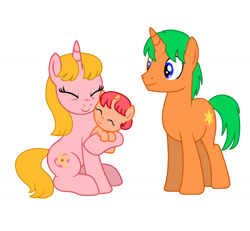 Size: 1280x1184 | Tagged: safe, artist:princessedith568, oc, oc only, oc:bright star, oc:primrose, unnamed oc, pony, unicorn, baby, baby pony, base used, cute, eyes closed, family, female, filly, foal, horn, male, mare, ocbetes, simple background, smiling, stallion, trio, unicorn oc, white background