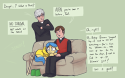 Size: 3000x1868 | Tagged: safe, artist:t72b, human, pony, boots, catholicism, clothes, collar, couch, crossed arms, crossover, curled up, father ted, female, floppy ears, frown, indoors, jubilee 2025, luce, mare, ponified, priest, reference, scared, shoes, staff, vest, watching tv