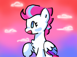 Size: 1920x1440 | Tagged: safe, artist:marzbaro, zipp storm, pegasus, pony, g5, adorazipp, chest fluff, cloud, colorslive, cute, female, folded wings, happy, mare, open mouth, open smile, outdoors, raised hoof, smiling, tail, wings