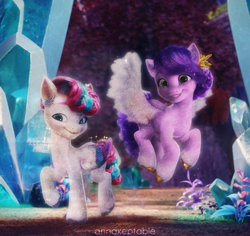 Size: 4449x4192 | Tagged: safe, artist:annaxeptable, edit, edited screencap, screencap, pipp petals, zipp storm, crystal pony, pegasus, pony, g5, my little pony: a new generation, 3d, bridlewood, crystal, crystal pipp, crystal zipp, crystallized, duo, duo female, female, forest, mare, nature, royal sisters (g5), siblings, sisters, tree