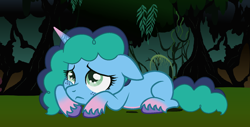 Size: 1396x711 | Tagged: safe, artist:frostninja007, misty brightdawn, pony, unicorn, g4, g5, alone, base used, cute, female, filly, filly misty brightdawn, foal, forest, g5 to g4, generation leap, horn, lying down, nature, outdoors, prone, sad, sadorable, scared, solo, tree, younger