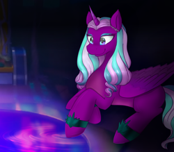 Size: 1600x1400 | Tagged: safe, artist:clairacub, opaline arcana, alicorn, pony, g5, female, indoors, mare, mirror, opaline's dark castle, solo, swimming pool, water