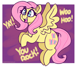 Size: 2000x1742 | Tagged: safe, artist:graphene, fluttershy, pegasus, pony, g4, cute, female, mare, motivational, open mouth, open smile, passepartout, positive ponies, shyabetes, smiling, solo, spread wings, wings