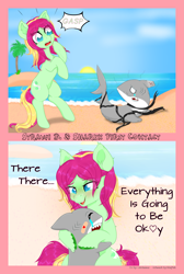 Size: 4091x6105 | Tagged: safe, artist:wojtek-ツ, derpibooru exclusive, oc, oc only, oc:strawi dinosaur, earth pony, pony, shark, beach, bust, chest fluff, comforting, comic, crying, cute, dialogue, earth pony oc, eye clipping through hair, eyebrows, eyebrows visible through hair, fanart, full body, gift art, help me, helpless, hug, lineless, looking at you, ocbetes, onomatopoeia, open mouth, outdoors, panel, ponysona, raised hoof, reference sheet, sand, shocked, signature, smiling, solo, sun, sunset, tears of joy, unshorn fetlocks, wholesome