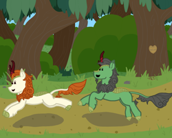 Size: 2000x1600 | Tagged: safe, artist:deej, autumn blaze, oc, oc:anon kirin, oc:anon stallion, kirin, g4, canon x oc, cloven hooves, duo, duo male and female, female, forest, happy, male, nature, outdoors, running, shipping, straight, tree, tree carving