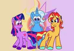 Size: 1048x720 | Tagged: safe, artist:zoeyhorse, sunset shimmer, trixie, twilight sparkle, alicorn, pony, unicorn, fanfic:twilight's eclipse, g4, alicornified, alternate universe, backwards cutie mark, blushing, fanfic art, female, fusion, fusion:sunsetsparkle, gradient background, horn, lesbian, mare, polyamory, race swap, ship:sunsetsparkle, ship:suntrix, ship:twixie, shipping, story included, suntwixie, trixiecorn, unicorn twilight