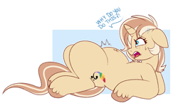 Size: 1025x625 | Tagged: safe, artist:lulubell, oc, oc only, oc:lulubell, pony, unicorn, chubby, dialogue, distressed, female, floppy ears, freckles, horn, lying down, mare, on back, passepartout, question mark, solo, stomach ache, sweat