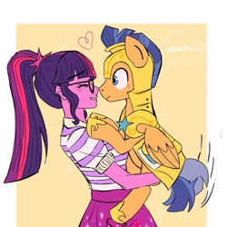 Size: 1280x1280 | Tagged: safe, artist:paracetamolnavo30, flash sentry, sci-twi, twilight sparkle, human, pegasus, pony, equestria girls, g4, armor, blushing, boop, clothes, cute, diasentres, duo, duo male and female, female, floating heart, heart, holding a pony, human and pony, male, noseboop, sci-twiabetes, ship:flashlight, ship:sci-flash, shipping, stallion, straight, twiabetes