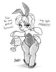 Size: 1569x2046 | Tagged: safe, artist:zajice, granny smith, earth pony, pony, g4, bipedal, bunny suit, clothes, female, fishnet clothing, fishnet stockings, grayscale, lidded eyes, mare, monochrome, signature, simple background, solo, stockings, talking to viewer, thigh highs, tongue out, watering can, white background, wide hips, young granny smith, younger