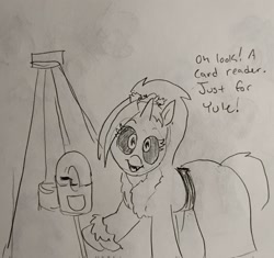 Size: 2048x1925 | Tagged: safe, artist:pony quarantine, oc, oc only, oc:dyx, alicorn, pony, christmas, clothes, costume, female, filly, foal, grayscale, holiday, looking at you, monochrome, open mouth, open smile, pencil drawing, santa costume, smiling, smiling at you, solo, talking to viewer, traditional art