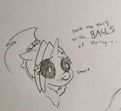 Size: 2134x1954 | Tagged: safe, artist:pony quarantine, oc, oc only, oc:dyx, alicorn, pony, bust, christmas, dialogue, eye clipping through hair, female, filly, floppy ears, foal, grayscale, holiday, monochrome, pencil drawing, snickering, solo, traditional art