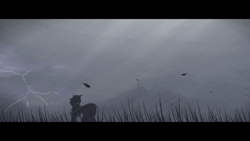 Size: 2822x1587 | Tagged: safe, artist:rieyadraws, oc, oc only, oc:jet blast, pegasus, pony, grass, lightning, mountain, overcast, rain, scenery, solo