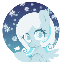 Size: 800x800 | Tagged: safe, artist:leslie, oc, oc:snowdrop, pegasus, pony, circle background, female, filly, foal, gradient background, looking at you, simple background, smiling, snow, snowfall, solo, spread wings, upper body, white background, wings