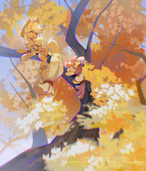 Size: 2000x2350 | Tagged: safe, artist:不可食用骨, apple bloom, applejack, earth pony, pony, g4, adorabloom, autumn, autumn leaves, bow, chest fluff, climbing, cowboy hat, cute, duo, female, filly, foal, hair bow, hat, in a tree, jackabetes, leaves, mare, outdoors, siblings, sisters, sweat, tree, underhoof