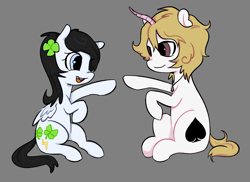 Size: 1500x1090 | Tagged: source needed, safe, artist:kthunae, oc, oc only, oc:lucky strike, oc:wild card, pegasus, pony, unicorn, duo, female, filly, filly oc, foal, horn, patty cake, present, simple background