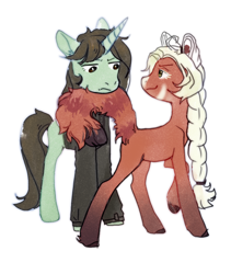 Size: 2700x3200 | Tagged: safe, artist:sivelu, oc, oc only, earth pony, pony, unicorn, braid, clothes, duo, female, horn, looking at each other, looking at someone, male, mare, simple background, stallion, unamused, white background