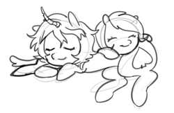 Size: 644x421 | Tagged: source needed, safe, artist:kthunae, oc, oc:lucky strike, oc:wild card, pegasus, unicorn, cute, doodle, duo, female, filly, filly oc, foal, horn, monochrome, pegasus oc, simple, simple background, sketch, sleeping, sleepy, unicorn oc, wholesome