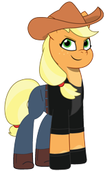 Size: 1077x1763 | Tagged: safe, artist:edy_january, artist:prixy05, edit, editor:edy_january, vector edit, applejack, earth pony, pony, g4, g5, my little pony: tell your tale, applejack's hat, belt, boots, clothes, cowboy boots, cowboy hat, cowgirl, denim, g4 to g5, generation leap, gloves, hat, jacket, jean pants, jeans, pants, shirt, shoes, simple background, solo, stetson, t-shirt, threat, transparent background, vector