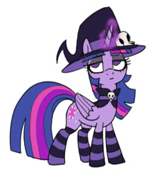 Size: 529x597 | Tagged: safe, artist:sunbusting, twilight sparkle, alicorn, pony, g4, choker, clothes, costume, eyeroll, female, halloween, halloween costume, hat, holiday, mare, nightmare night, nightmare night costume, simple background, skull, socks, solo, striped socks, twilight sparkle (alicorn), white background, witch costume, witch hat