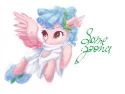 Size: 603x456 | Tagged: safe, artist:some_ponu, cozy glow, pegasus, pony, g4, clothes, female, filly, foal, freckles, laurel wreath, robe, signature, simple background, solo, spread wings, text, white background, wings