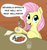 Size: 1019x1088 | Tagged: safe, artist:eels, fluttershy, pegasus, pony, g4, cute, duct tape, female, folded wings, food, fork, hoof hold, horse problems, knife, mare, mashed potatoes, meat, omnivore, ponies eating meat, potato, solo, talking to viewer, tape, underhoof, wings