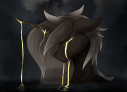 Size: 3000x2160 | Tagged: safe, artist:tenebrisnoctus, oc, oc only, pony, unicorn, bust, crying, eyes closed, floppy ears, gold, high res, horn, outdoors, partially submerged, solo, water