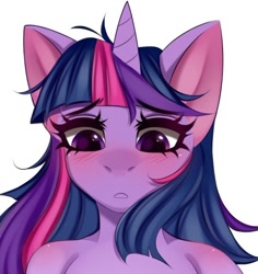 Size: 488x517 | Tagged: safe, artist:namelessplaza, twilight sparkle, unicorn, g4, blushing, bust, horn, open mouth, portrait, solo, wip