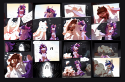 Size: 4550x3000 | Tagged: safe, artist:pakmur, oc, oc only, oc:autumn rosewood, oc:dreaming bell, oc:dreaming star, bat pony, bat pony unicorn, ghost, hybrid, pegasus, pony, undead, unicorn, bush, comic, commission, horn, joke, sad, scare, ych result