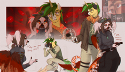 Size: 1400x800 | Tagged: safe, artist:pea2, oc, oc only, oc:arwe, unicorn, anthro, unguligrade anthro, camera, clothes, dialogue, duo, female, furry, horn, male, phasmophobia