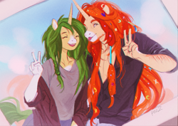 Size: 1199x850 | Tagged: safe, artist:pea2, oc, oc only, oc:arwe, oc:je, unicorn, anthro, :p, duo, eyes closed, female, horn, male, outdoors, peace sign, photo, smiling, straight, tongue out