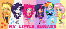 Size: 1963x887 | Tagged: safe, artist:annasabi101, applejack, fluttershy, pinkie pie, rainbow dash, rarity, twilight sparkle, human, g4, humanized, mane six