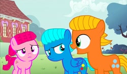 Size: 1150x672 | Tagged: safe, artist:memeartboi, earth pony, pegasus, pony, g4, anais watterson, annoyed, brother and sister, brothers, colt, confused, conversation, cute, daisy the donkey, darwin watterson, female, filly, foal, gumball watterson, little sister, male, outdoors, pegasus wings, ponified, siblings, standing, talking, the amazing world of gumball, trio, unamused, wings