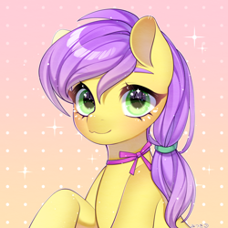 Size: 2000x2000 | Tagged: safe, artist:frostmoon, oc, oc only, oc:plum blossoms, earth pony, pony, bow, bowtie, commission, earth pony oc, female, gradient background, green eyes, hair bow, high res, looking at you, mare, purple mane, smiling, smiling at you, solo, yellow coat