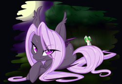 Size: 1125x779 | Tagged: safe, artist:pixxpal, oc, oc only, oc:lilac night, bat pony, pony, unicorn, bat pony oc, bedroom eyes, butt, duo, female, horn, looking at you, lying down, male, mare, outdoors, solo focus, stallion