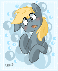 Size: 1587x1926 | Tagged: safe, artist:derpydoodesigns, artist:derpydooreviews, derpy hooves, pony, g4, blushing, bubble, bust, confused, cutie mark background, female, mare, open mouth, solo