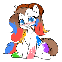 Size: 5000x5000 | Tagged: safe, artist:derpydoodesigns, artist:derpydooreviews, oc, oc only, oc:titanium white, earth pony, pony, absurd resolution, beanie, blushing, female, grin, hat, looking at you, mare, mouth hold, paint in hair, paint on fur, paintbrush, simple background, sitting, smiling, solo, transparent background