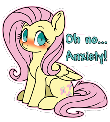 Size: 3888x4320 | Tagged: safe, alternate version, artist:derpydoodesigns, artist:derpydooreviews, fluttershy, pegasus, pony, g4, absurd resolution, anxiety, anxious, blushing, female, frown, mare, shrunken pupils, simple background, sitting, solo, sticker, text, transparent background